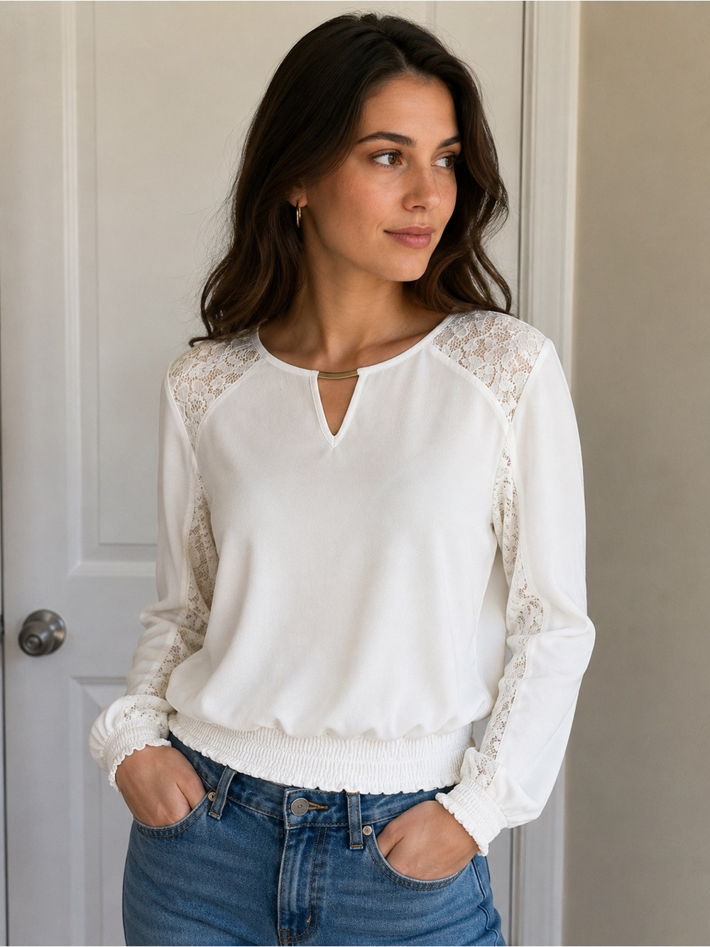 Thalia Sodi Ivory Lace-Trim Long Sleeve Blouse M